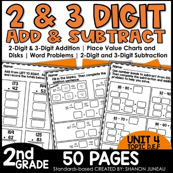 Preview of 2 Digit & 3 Digit Addition, Word Problems, Place Value 2nd Grade Math Worksheets