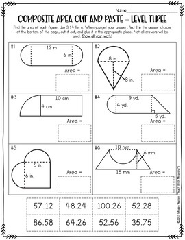 composite area cut and paste worksheet activity area of