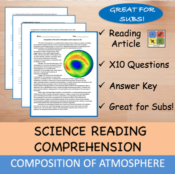 Preview of Composition of Earth's Atmosphere Reading Passage and x 10 Questions (EDITABLE)