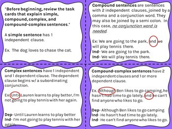 compound complex sentences task cards simple