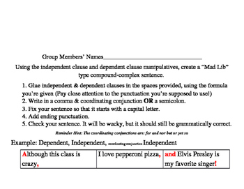 Preview of Compound-Complex Sentence Mad Libs Dependent & Independent Clause Manipulatives