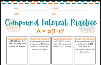 Preview of Compound Interest Practice - Finding Interest and Total Value