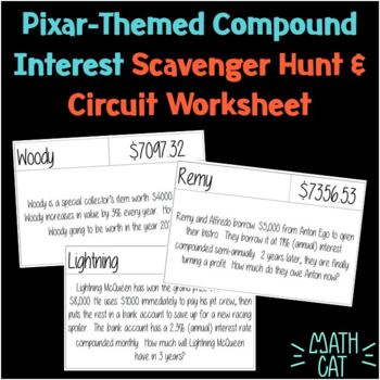 Preview of Pixar-Themed Compound Interest Scavenger Hunt & Circuit Worksheet