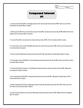 Preview of Compound Interest Worksheet Bundle (1-5)