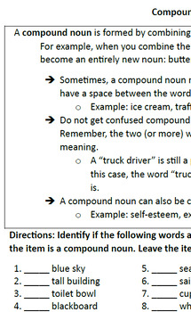 Preview of Compound Nouns Worksheet