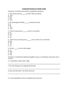 Preview of Compound Sentences Study Guide