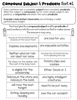 Compound Subject Compound Predicate Worksheets Distance Learning