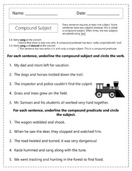 Compound Subject and Predicate Worksheets by Homework Hut | TpT