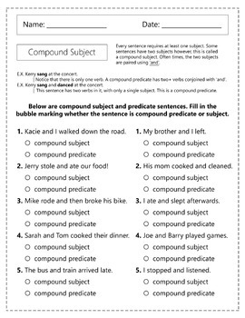 Compound Subject And Predicate Worksheets By Homework Hut TpT