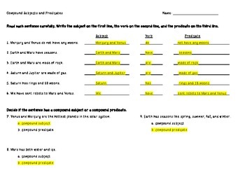 Compound Subjects and Predicates Practice by BusyBeeinGradeThree