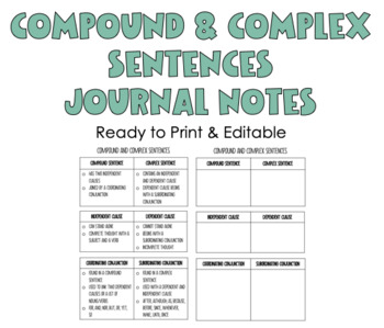 Preview of Compound and Complex Sentences Journal Notes (Editable)