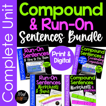 Preview of Compound and Run-On Sentences Bundle for Google Slides™, Lessons and Quizzes
