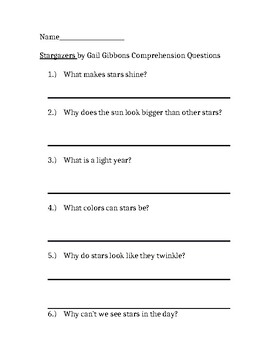 Preview of Comprehension Questions for Stargazers by Gail Gibbons