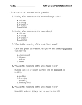 Preview of Comprehension Questions for "Why Do Leaves Change Color?" by Betsy Maestro