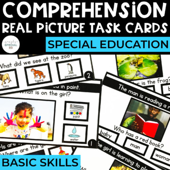Preview of Comprehension Task Cards | Basic | Real Pictures | WH Questions | Special Ed