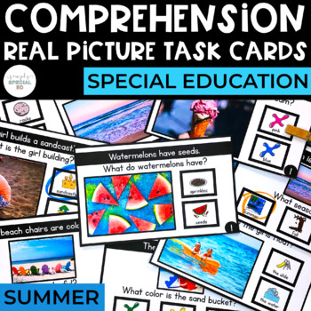 Preview of Comprehension Task Cards | Summer | Real Pictures | WH Questions | Special Ed