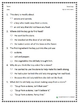 Comprehension Test: Stone Soup - First or Second Grade | TpT