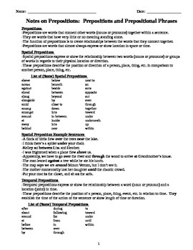 Preview of Comprehensive Grammar Notes on Prepositions for Middle and High School Students