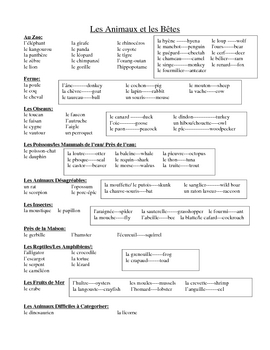 Preview of Comprehensive List: Vocabulaire d'animaux / Animal Vocabulary