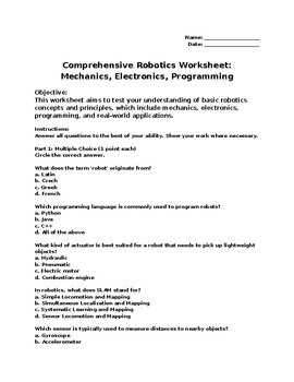 Preview of Comprehensive Robotics Worksheet: Mechanics, Electronic, Programming
