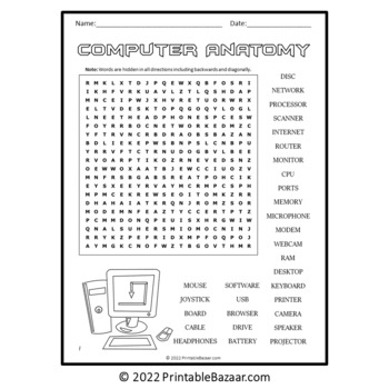 Computer Anatomy Word Search Puzzle - No Prep Activity Printable PDF