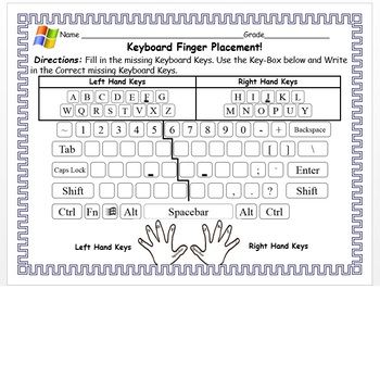 Preview of Computer Finger Keyboard Placement Worksheet Fill In The Missing Letter Windows8