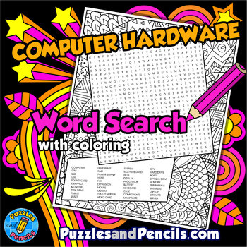 Preview of Computer Hardware Word Search Puzzle Activity Page & Coloring | Computer Science