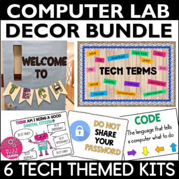 Preview of Computer Lab Decor Kit Technology Rules Back to School Classroom Posters iPad