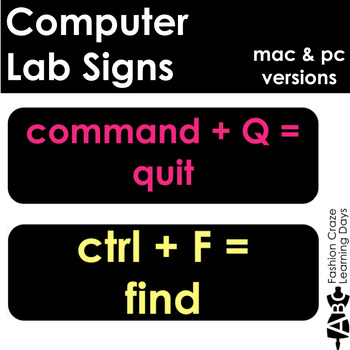 Preview of Computer Lab Keyboard Shortcut Signs for Mac and PC's Black Version