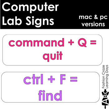 Preview of Computer Lab Keyboard Shortcut Signs for Mac and PCs White Version