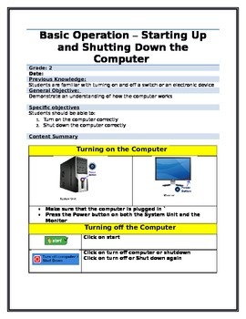 Preview of Computer Lesson Plan - Turning on and off the computer