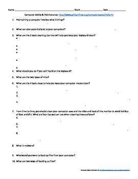 Preview of Computer Safety and Maintenance Worksheet