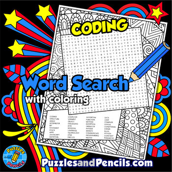 Preview of Coding Word Search Puzzle Activity Page with Coloring | Computer Science