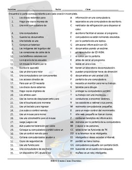 Preview of Computer Technology Sentence Match Spanish Worksheet