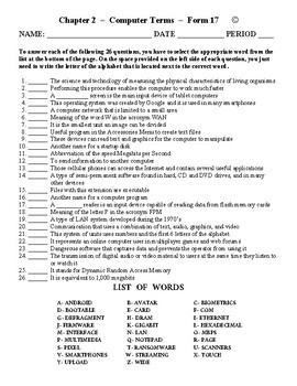 Computer Terms - High School Computer Science - Matching Worksheet ...