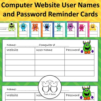 Preview of Computer Website User Name and Password Reminder Cards