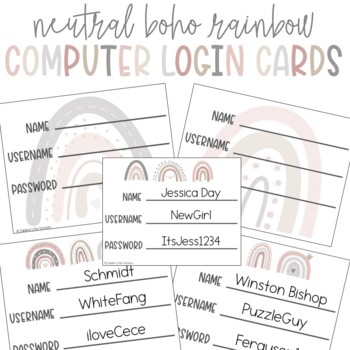 Preview of Computer or Technology Login Cards Editable Neutral Boho Rainbow 