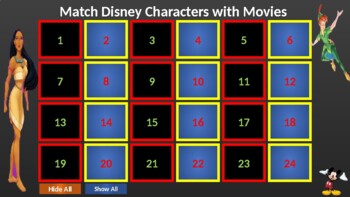 Preview of Concentration Match Disney Characters with the movie 132 Pairs