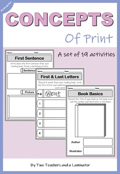 Concepts of Print Activities (Worksheets) by Two Teachers and a Laminator