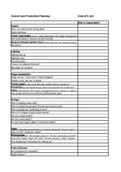 Preview of Concert Planning / logistic Checklist editable spreadsheet
