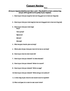 Preview of Concert Post Self Evaluation Worksheet for Chorus Students