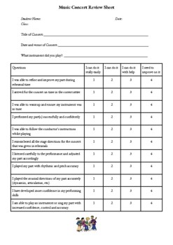 Preview of Concert review self-reflection worksheet for middle and high school music / band