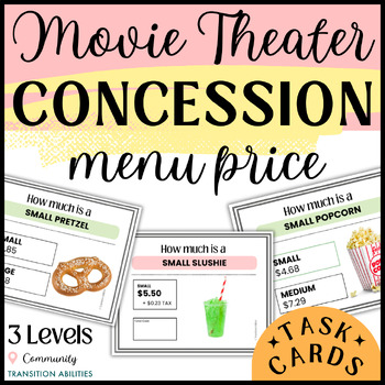 Preview of Concession Stand Movie Theater MENU MATH | Life Skills Activity | TASK CARDS