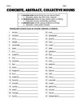 Preview of Concrete, Abstract, and Collective Nouns - Worksheet & Answer Key