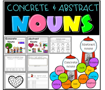 Preview of Concrete and abstract nouns posters, worksheets, game, and a quiz