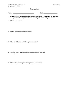 Preview of Concussion Article (Reading Level 2) Comprehension Worksheet
