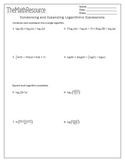 Condensing and Expanding Logarithmic Expressions - Worksheet