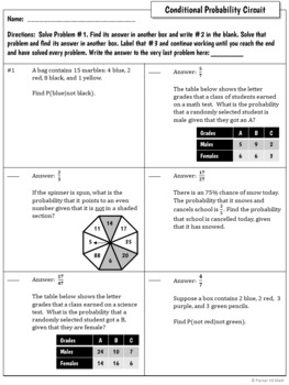 Conditional Probability CIRCUIT WORKSHEET by Parker HS Math TPT