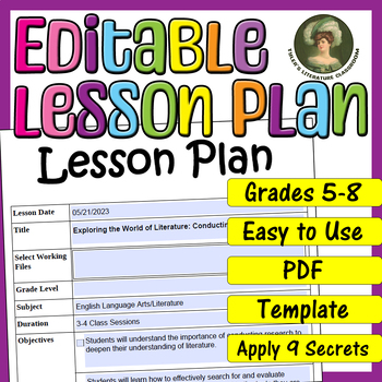 Preview of Conducting Literary Research : Editable Lesson Plan for Middle School