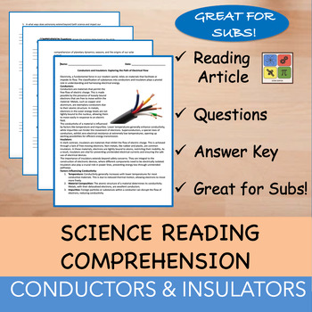 Preview of Conductors & Insulators - Reading Passage and x 10 Questions (EDITABLE)